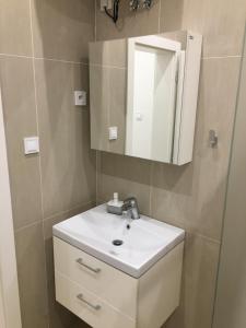 y baño con lavabo blanco y espejo. en Penzion nad Bankou, en Košice