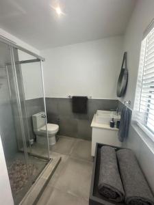 a bathroom with a shower and a toilet and a sink at Ocean View Villa - Ground level in West Point +28 photos