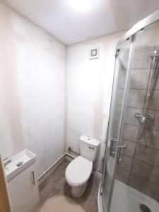 een witte badkamer met een toilet en een douche bij Basic 5-bedroom home - Affordable accommodation for groups in Swansea