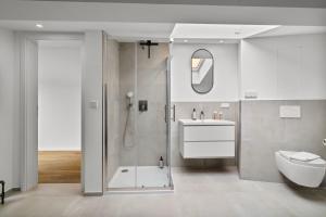 La salle de bains est pourvue d'une douche, de toilettes et d'un lavabo. dans l'établissement Lit Living - Luxury House - Box Spring - Parking - Exclusive Kitchen, à Hemsbach
