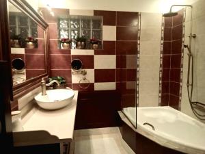La salle de bains est pourvue d'un lavabo, d'une douche et d'une baignoire. dans l'établissement Classic Apartment With Beautiful View, à Kastoria