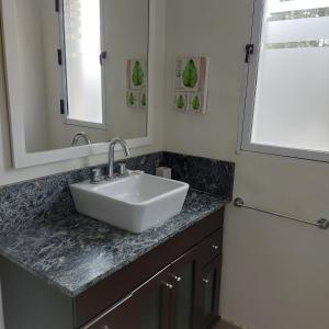 ein Badezimmer mit einem weißen Waschbecken und einem Spiegel in der Unterkunft Casa en El Paraíso Tandil in Tandil