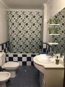 Un baño con inodoro, lavabo y ducha. en The South Sunny House - A Casa a Sul, en Olhão