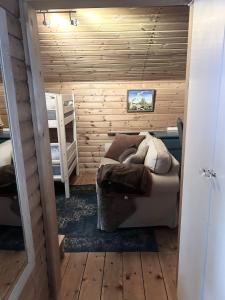 ein Zimmer mit einem Sofa und einem Bett darin in der Unterkunft Bäckstugan in Sälen