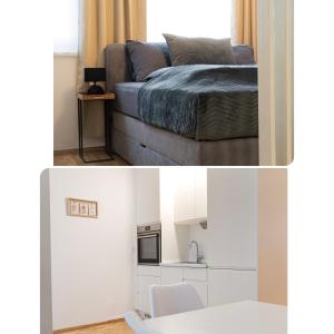 a bedroom and a living room with a bed and a kitchen at EUPHORIA Zentral - Parkplatz - Küche - Netflix in Wiener Neustadt