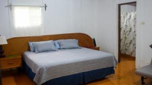 una camera da letto con letto e cuscini blu di Neysa's Vacation House a Los Naranjos