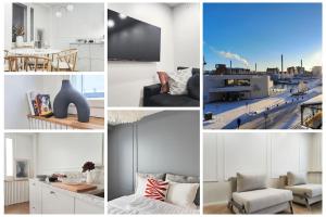 a collage of different pictures of a living room at Modern&Quiet 7th floor Apt with Balcony, Free 5G WIFI, Laukontori in Tampere