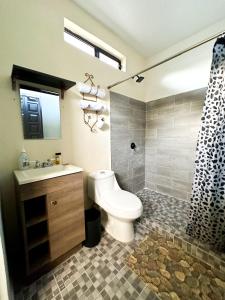 W łazience znajduje się toaleta, umywalka i prysznic. w obiekcie Apartamento pichones w mieście Comitán de Domínguez