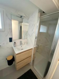 W łazience znajduje się umywalka i prysznic. w obiekcie Studio chez l'habitant avec piscine commune w mieście Grièges