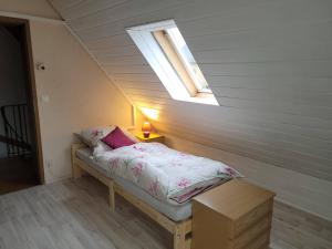 a bedroom with a bed and a skylight at FeWo Ulbrich Langenstadt in Neudrossenfeld