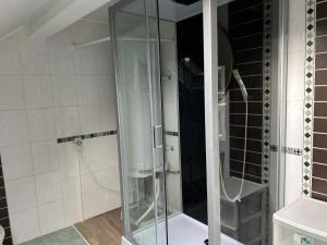a glass shower in a bathroom with black and white tiles at Chez nathalie in Habay-la-Neuve