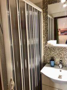a bathroom with a shower with a sink and a mirror at Appartamento Verona in Verona