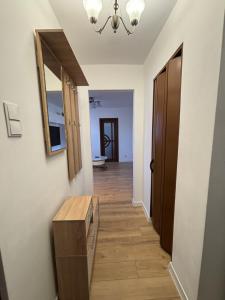 pasillo con suelo de madera y espejo en Best choice flat, en Târgu Mureș