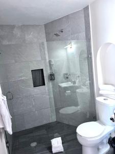 瓜納華托的住宿－Suites del Jardín Principal，带淋浴、卫生间和盥洗盆的浴室
