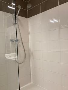 a shower with a glass door in a bathroom at Modhumita in Chambéry