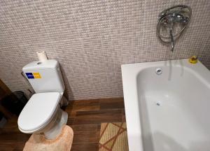 La salle de bains est pourvue de toilettes et d'une baignoire. dans l'établissement CENTRO Guest House, à Alytus