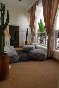 - un salon avec deux canapés et un cactus dans l'établissement Riad rénové en 2023, idéalement situé, 5 minutes de la place Jemaa El Fna, à Marrakech