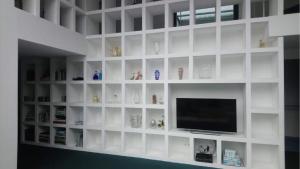 un estante de libros blanco con un televisor. en L'Orangerie - Villa with private indoor swimming pool and hammam, en Portalegre