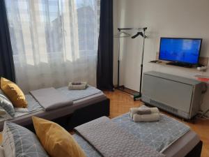 a living room with two beds and a flat screen tv at Despot Apartmani Niš in Niš