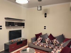 een woonkamer met een bank en een flatscreen-tv bij Nile House in Abu Simbel