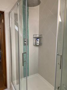 a shower with a glass door in a bathroom at Little Kent End Cottage in Ashton Keynes