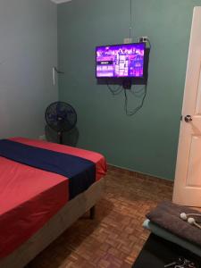 1 dormitorio con 1 cama y TV en la pared en Casa hotel Aguas Termales, en Gracias