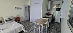um quarto com uma cama, uma mesa e uma cozinha em Studio pied dans l’eau CAP CORSE ERBALUNGA em Brando