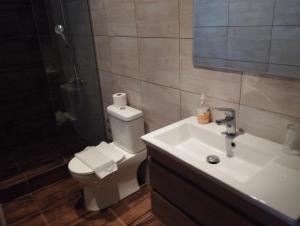 uma casa de banho com um WC, um lavatório e um chuveiro em Corfu Aegli appartments em (( Filaréton ))