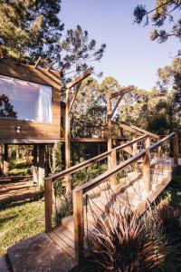 una escalera de madera que conduce a una casa con árboles en Green Valley Refuge en Urubici