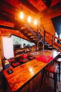 a kitchen with a stove and a sink and stairs at Green Valley Refuge in Urubici