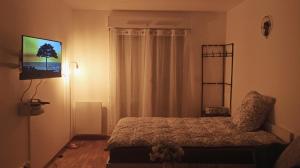 a bedroom with a bed and a flat screen tv at Petite touche douceur - studio avec parking et terrasse in Suresnes