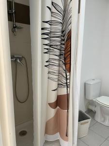 ein Badezimmer mit einem Duschvorhang und einem WC in der Unterkunft appartement cosy in Vayres