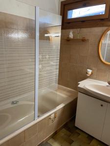 a bathroom with a shower and a tub and a sink at Appartement T3 avec vue sur le lac in Chorges
