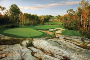 an aerial view of a golf course with a green at Luxury Resort Villa in Muskoka in Gravenhurst