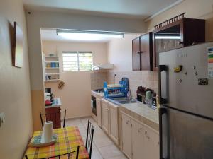 a kitchen with a refrigerator and a table in it at Gîte chez Marie in Saint-Claude