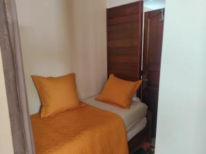 a small room with a bed and two orange pillows at Gîte chez Marie in Saint-Claude