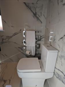 a bathroom with a white toilet and marble walls at Room in Detached Annex in Cantley