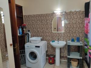 a bathroom with a washing machine and a sink at Gîte chez Marie in Saint-Claude