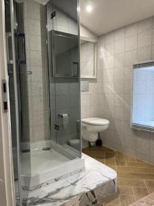 a bathroom with a shower and a toilet at Maison CABARET Luxury 4 Star Air Conditioned 100m to 4 Cathar Châteaux Lastours private Terrasse with views!! in Lastours +19 photos