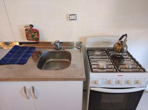 a kitchen with a stove and a sink at Cabañas deja vu in El Calafate