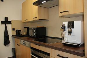 een keuken met een aanrecht en een koffiezetapparaat bij Apartment „Amalia“ in Ergersheim