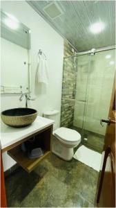 La salle de bains est pourvue d'un lavabo, de toilettes et d'une douche. dans l'établissement Villa Mongui, à Monguí