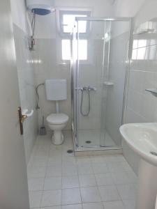 a bathroom with a shower and a toilet and a sink at Sun Ray Sivota 7 in Syvota