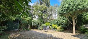 a garden with chairs and trees and a green door at Elegant and contemporary large 3 bedroom home in Dublin