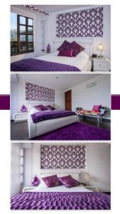 duas fotografias de um quarto roxo com uma cama em Hotel Reserva Monarca em Salento