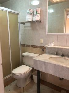 ein Badezimmer mit einem WC, einem Waschbecken und einem Spiegel in der Unterkunft Hotel Mezvall in Morelia