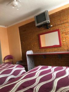 una camera d'albergo con TV su un muro di mattoni di Hotel Mezvall a Morelia