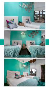 two pictures of a room with two beds in it at Hotel Reserva Monarca in Salento