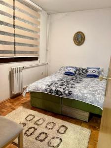 een slaapkamer met een bed met blauwe kussens en een raam bij Apartman Lana in Pale