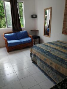 a bedroom with a bed and a chair and a mirror at Les Filaos De Pereybere in Pereybere